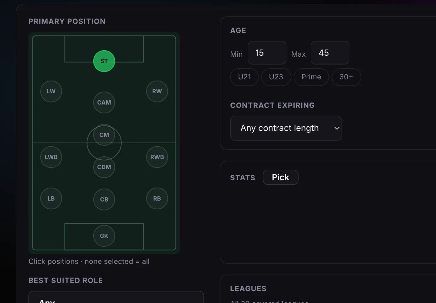 The detailed player search: position pitch, age, contract and stat filters
