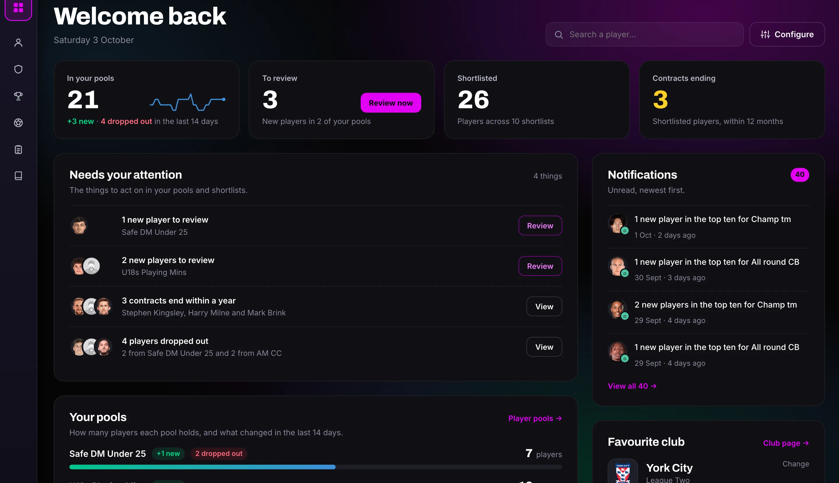 The FDscout dashboard in a club's colours: players to review, shortlisted players and contracts ending, with the club crest in the sidebar